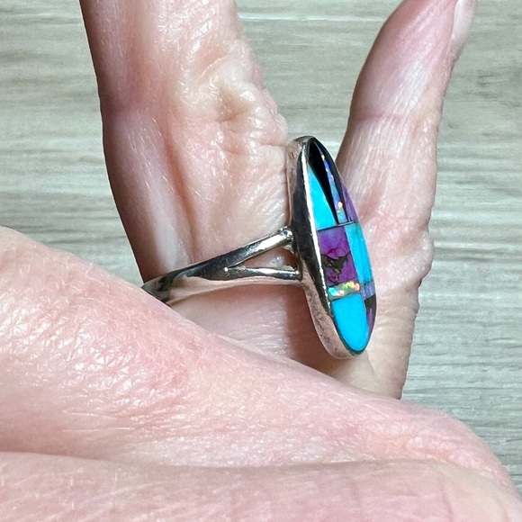 Vintage Native American Sterling Silver Turquoise Onyx & Opal Mosaic Inlay Ring - Picture 9 of 10